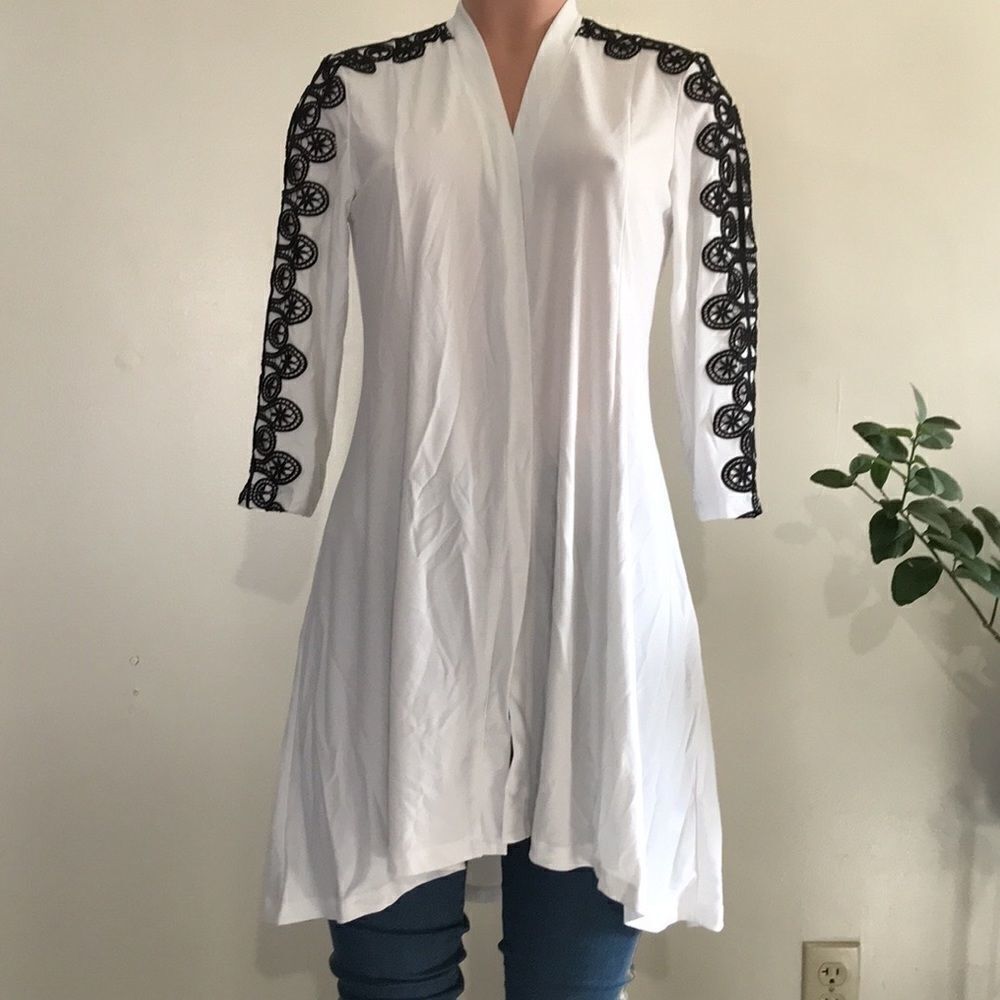 Dennis Basso Lace Trim Caviar Crepe Duster Cardigan